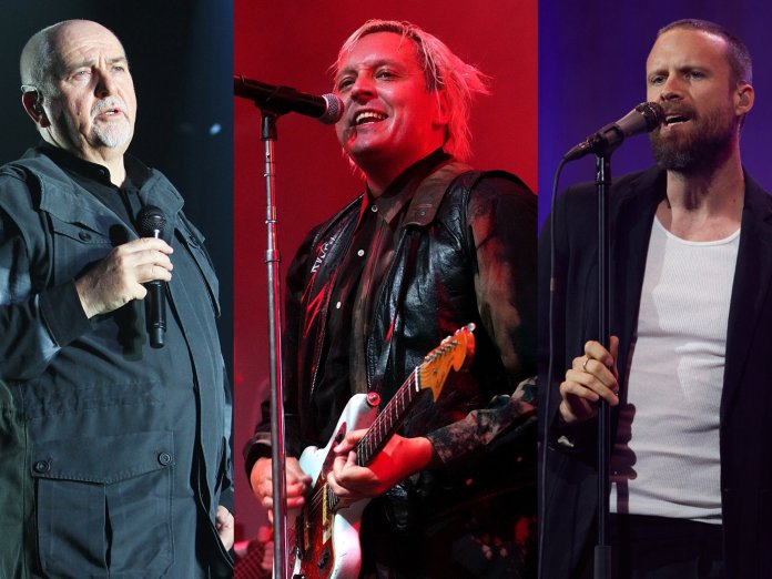 side-by-side images of Peter Gabriel, Win Butler of Arcade Fire, and Father John Misty performing live onstage