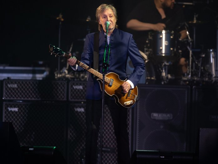 Paul McCartney playing at Glastonbury Festival