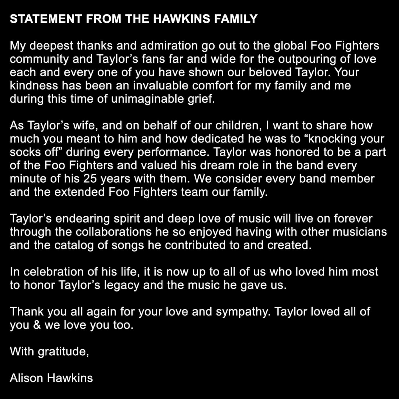 Taylor Hawkins Alison Hawkins statement